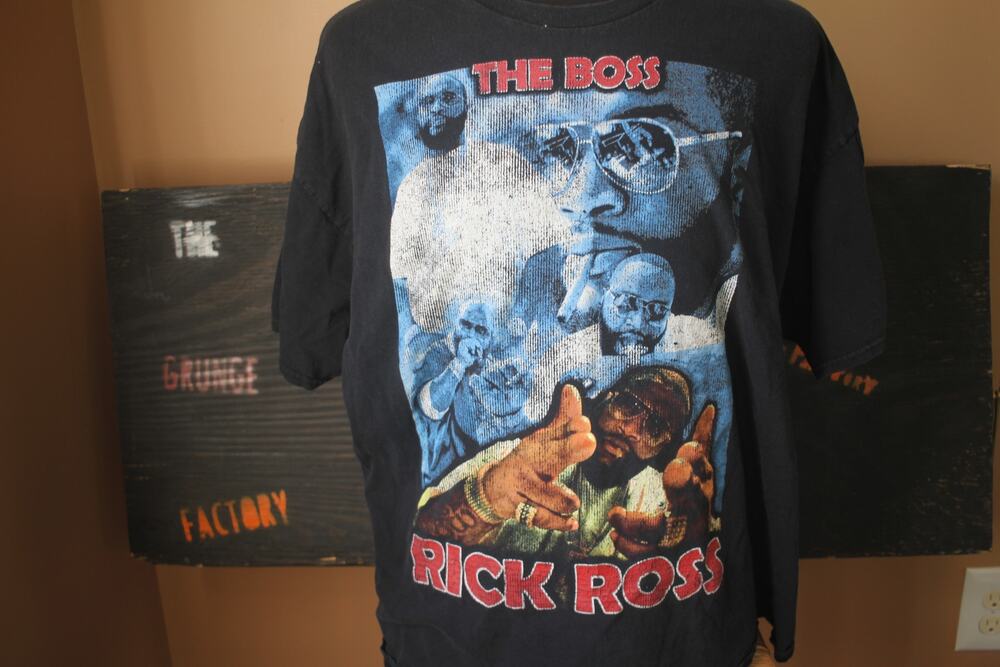Rick Ross The Boss Black Graphic Rap T Shirt Faded Hip Hop Tee size XL no tag